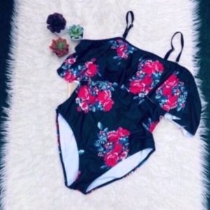 Floral Flounce Ruffle Swimsuit NEW Red Black